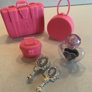 Barbie 1989 Suitcase, 2002 Pink Plastic Purse, Hand Mirror, Brush, Perfume, Case